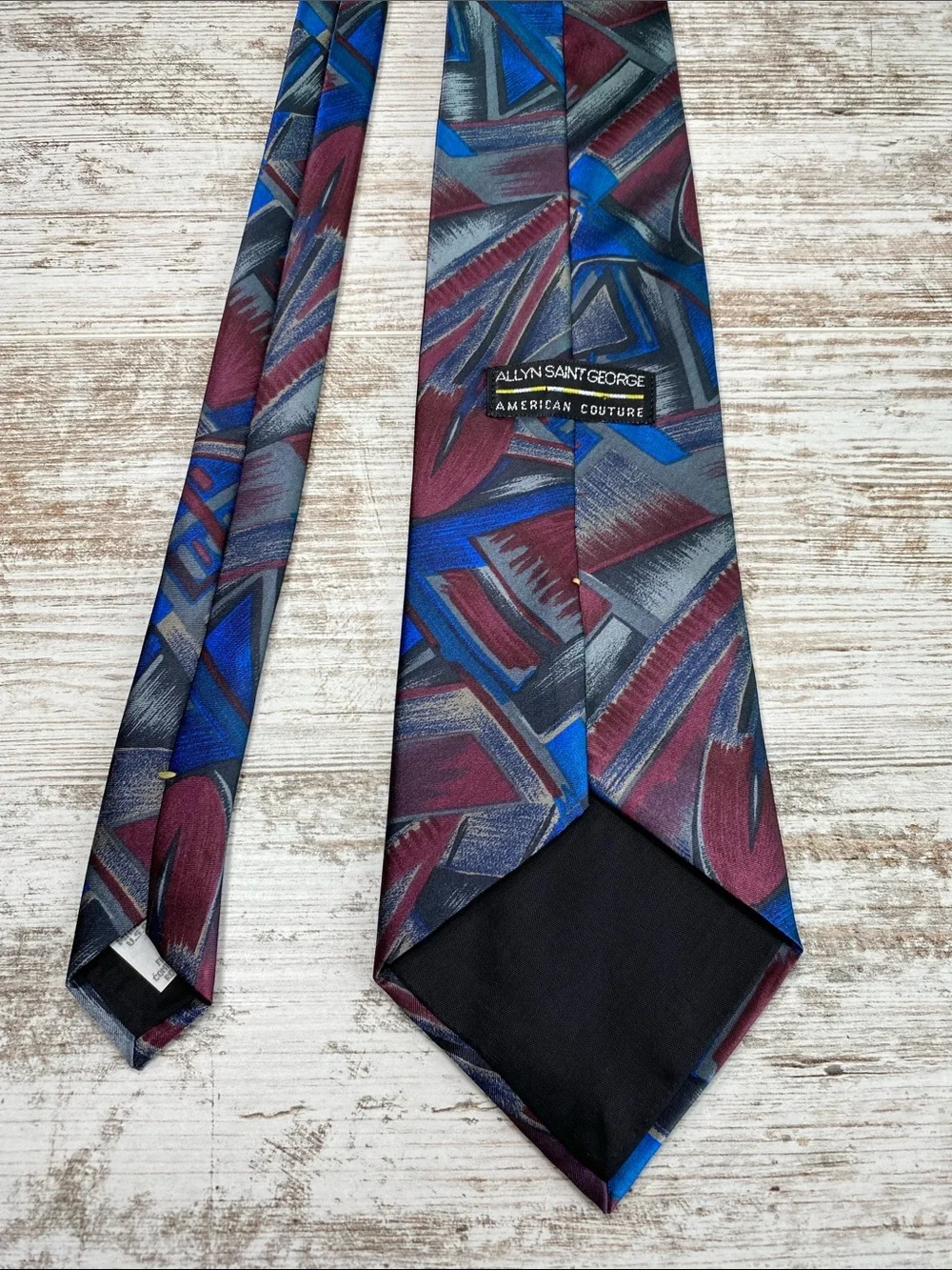 Vintage Allyn Saint George Abstract Geometric Tie Blue Burgundy Gray Wide 90s